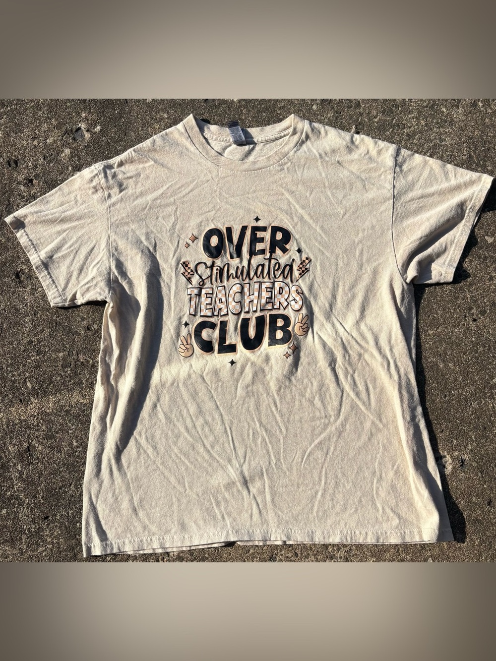 Gildan Beige 'Overstimulated Teachers Club' Graphic Tee